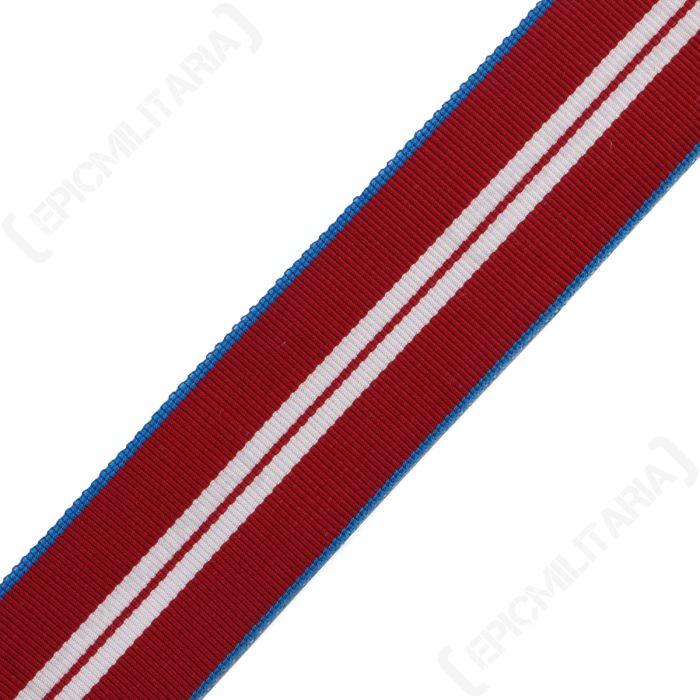 This view shows the medal ribbon close up, highlighting the striped design of blue, red and white.
