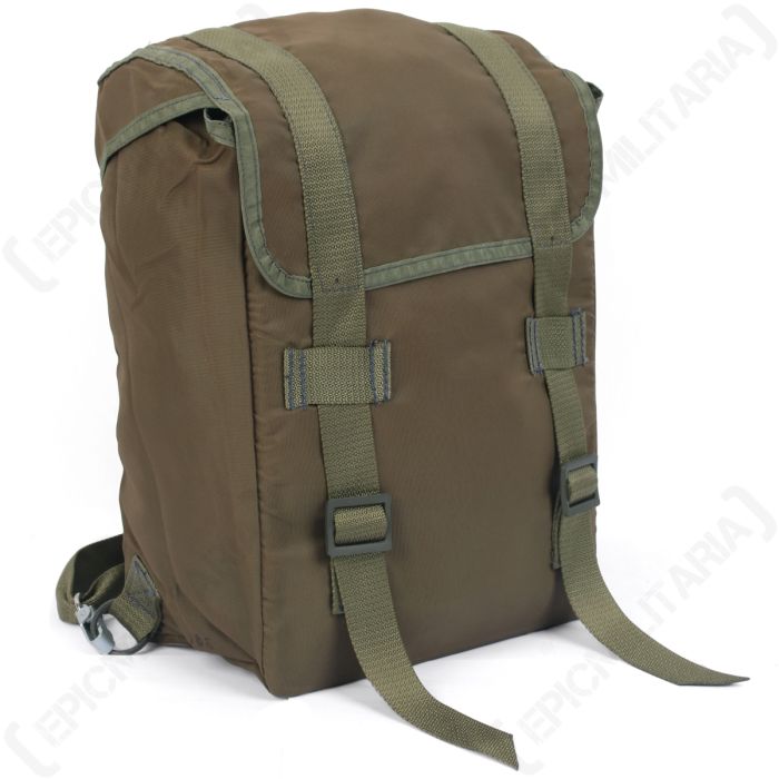 Front side view of olive green Czech Army M85 Paratrooper Bag with top flap and canvas straps closure system, with two green metal buckles to adjust the straps