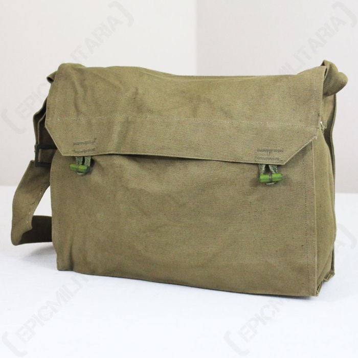 Front view of khaki canvas rectangular Original Czech Gas Mask Sidepack, with two green toggle closures and a canvas strap