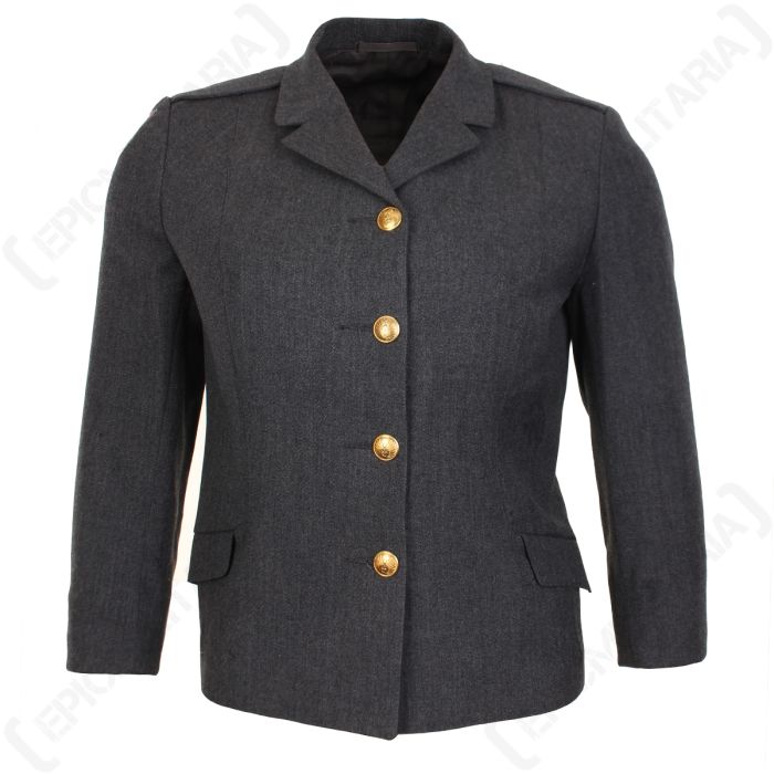 Front view of dark grey tunic, buttoned closed with four gold buttons. On white background.