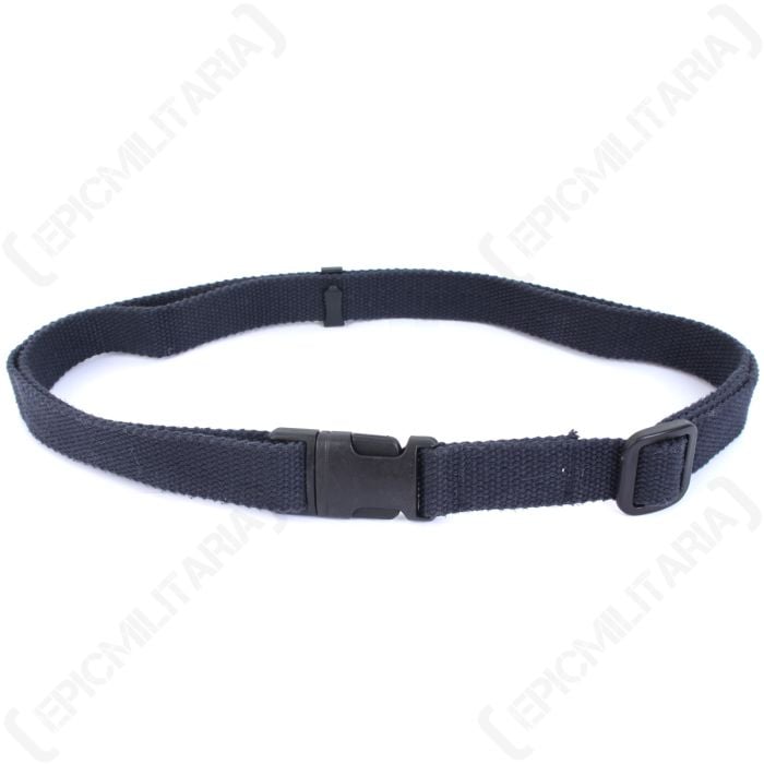 Front view of navy coloured, canvas belt with plastic buckle