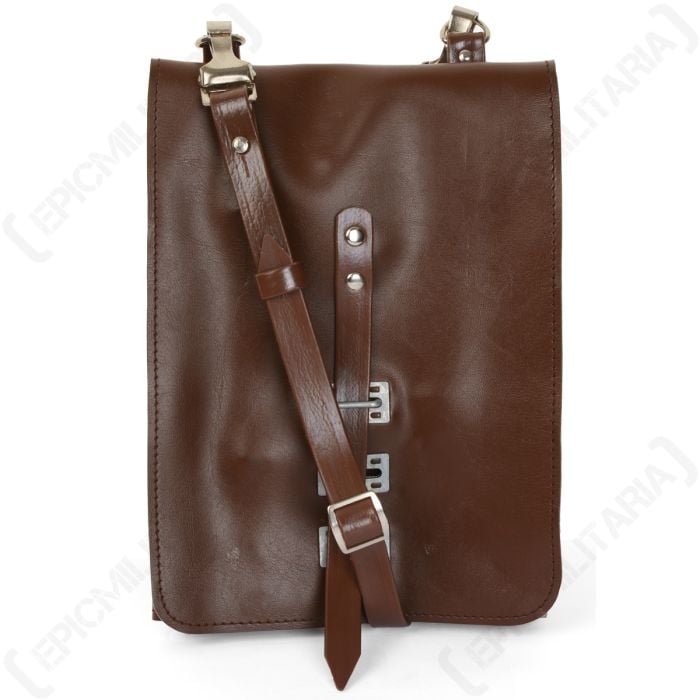 Front view of rectangular, vertical, brown vinyl satchel with brown leather strap