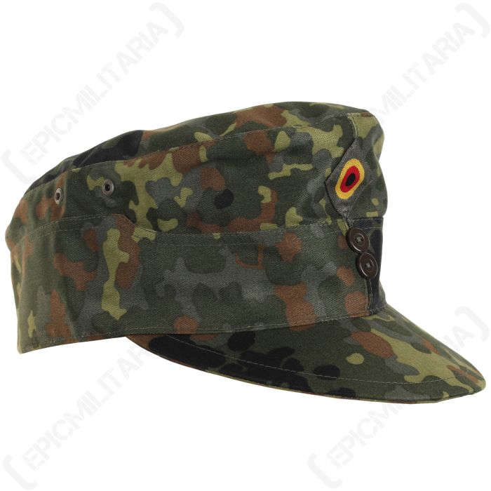 Side view of flecktarn field cap with German army insignia and two brown buttons