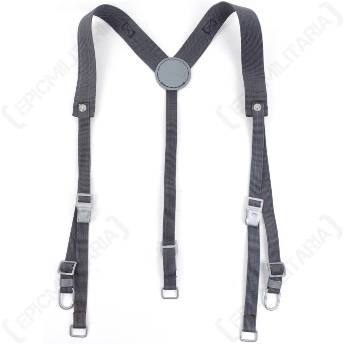 Front view of grey canvas Y Straps with metal buckles and hooks