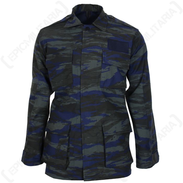 Front view of dark blue, black and grey Greek Airforce Lizard camo jacket, with fold down collar and four large pockets