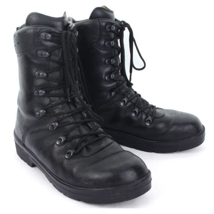 Side view of pair of black leather German Army Combat Boots with black laces