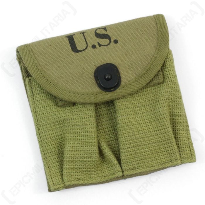 Front view of green M1 Carbine Khaki Twin Ammo Pouch with black popper style button and U.S. stamped in black on the top