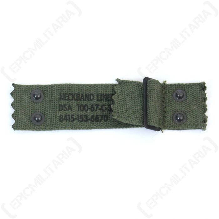 Dark green canvas M1 Helmet Liner Nape Strap with black rivets and black stamped text in the middle