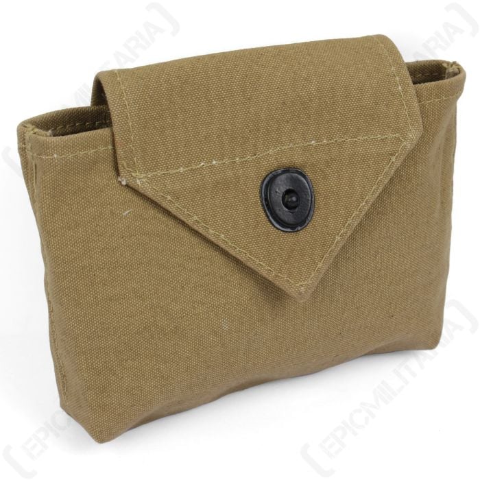 Khaki canvas pouch with triangular button down flap
