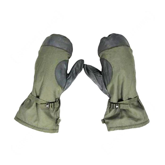 Back of pair of German Army Olive Green Winter Mittens with black colour patches over fingers and thumbs
