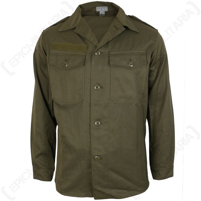 Front view of dark green long-sleeved shirt with button-up front and two chest pockets