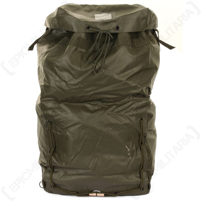 Front view of olive green waterproof Original Czech Army Duffle Bag with canvas rope closure 