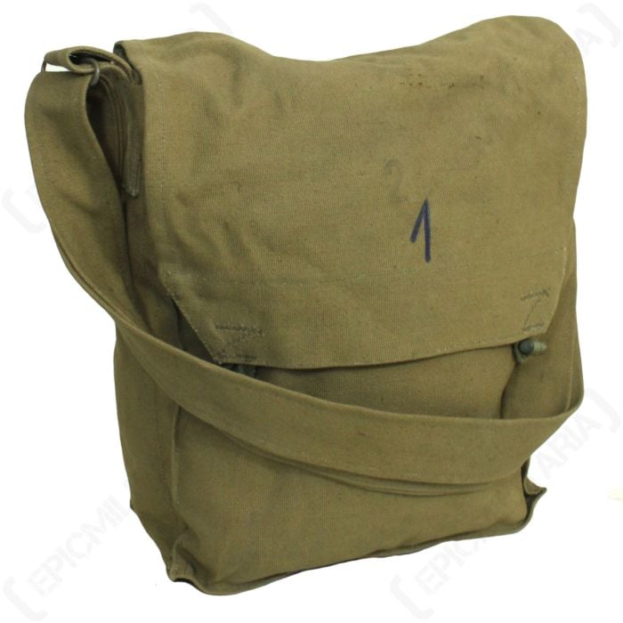 Front view of olive green canvas Original Czech BSS Sidepack with flap closure and strap