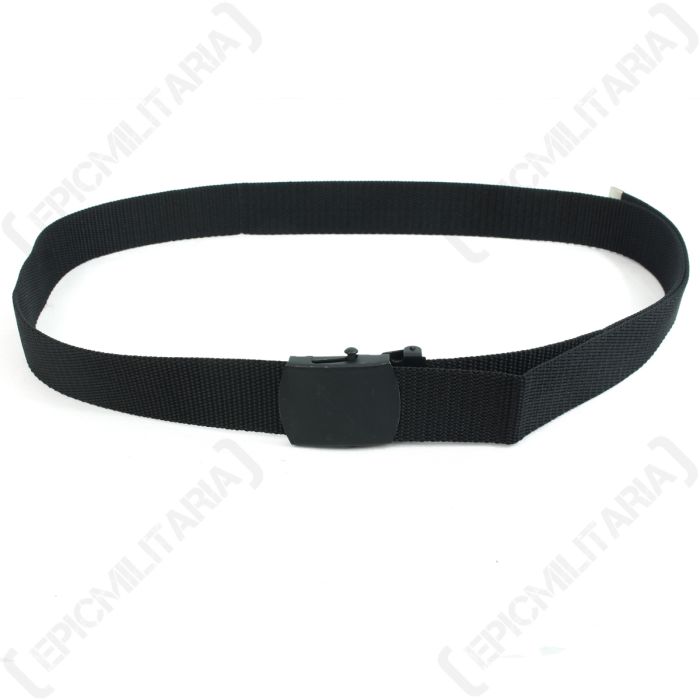 Front view of black canvas belt with metal clip buckle closure
