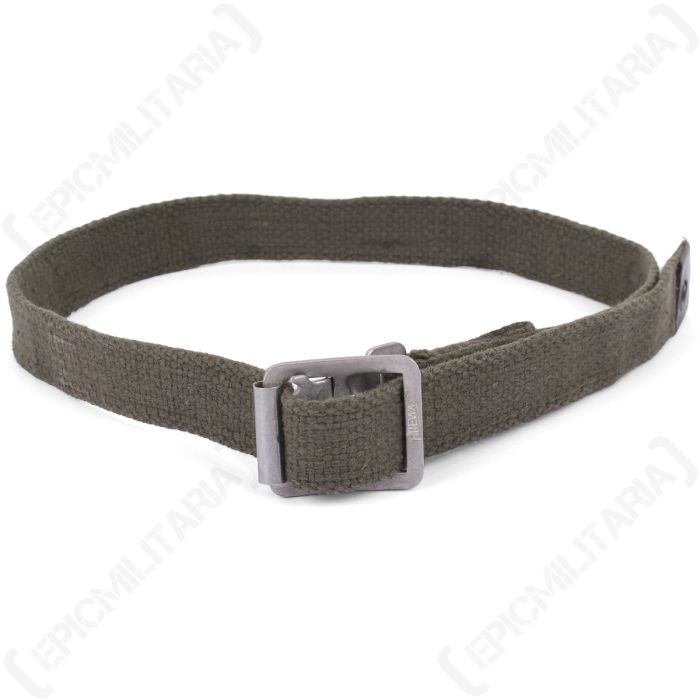Front view of field grey canvas belt with silver-coloured metal buckle
