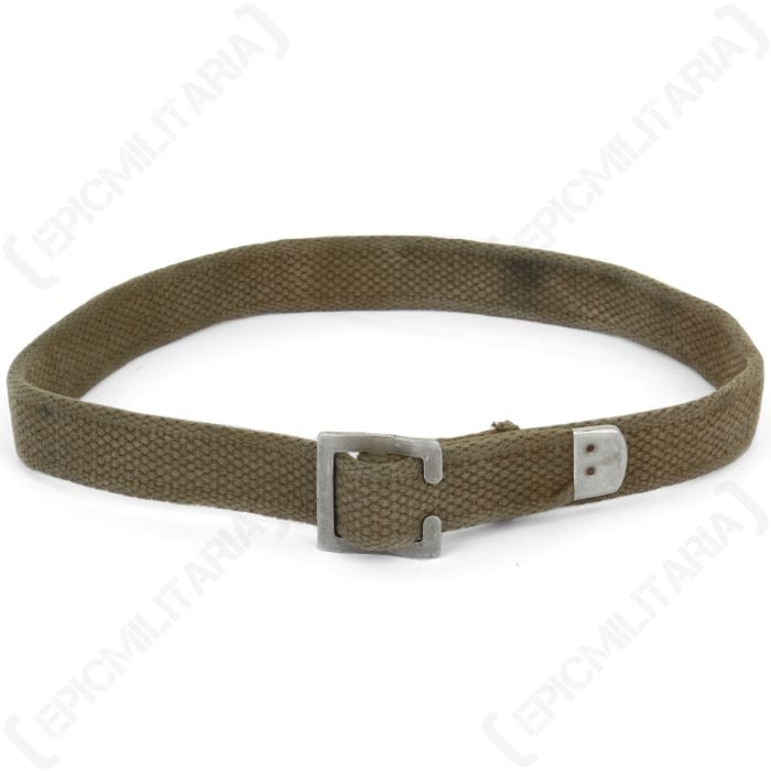 Front view of khaki canvas webbing strap with metal buckle and metal tip