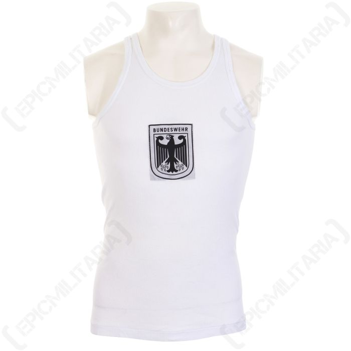 Front view of a white vest with black Bundeswehr logo in the middle of the chest. On a white background.