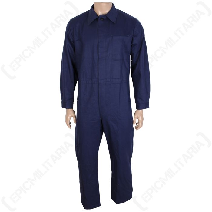 Front view of dark blue all in one boiler suit on a mannequin
