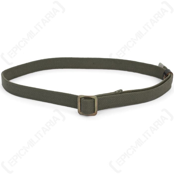 Front view of dark green canvas trouser belt with metal buckle