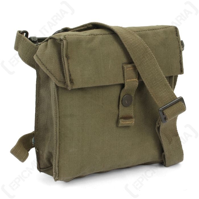 Front view of green canvas satchel type bag with single popper closure, and green canvas shoulder strap