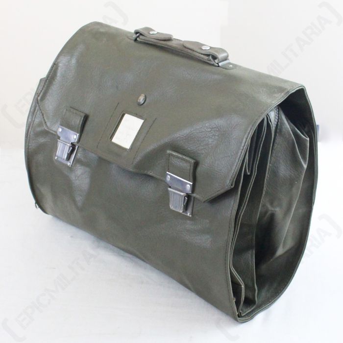 Side view of green leather Original Swiss Messenger Case with two metal click closure points and an ID holder in the middle of the top closure flap