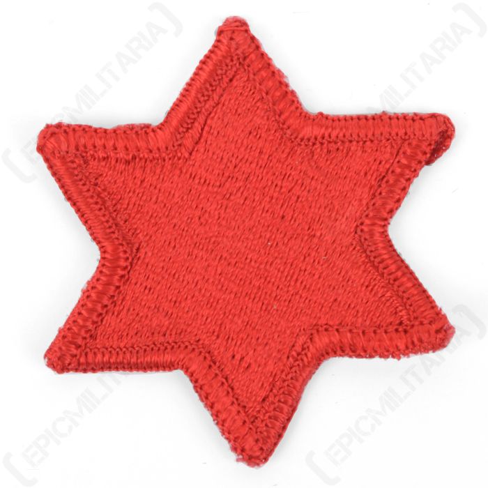 Front view of red, six-pointed star embroidered patch