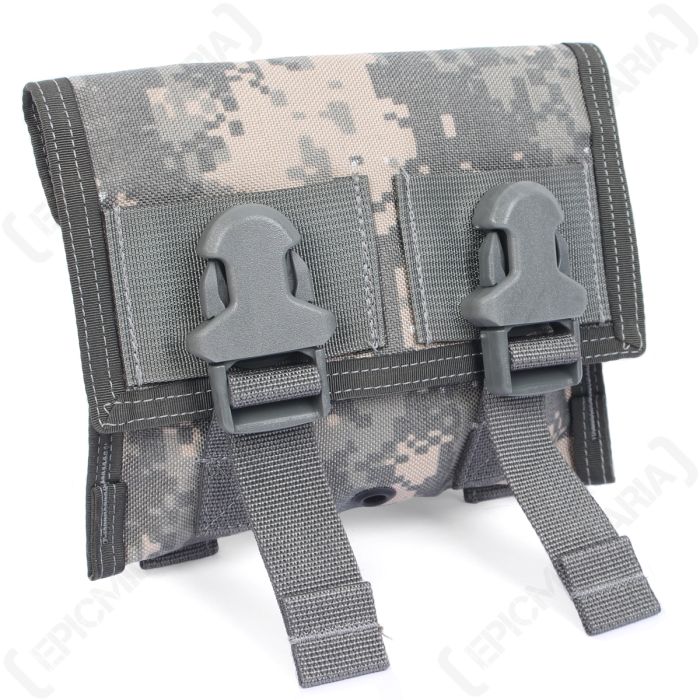 Front of grey and tan canvas Original US DF LCS AT-Digital Camo Triple Ammo Pouch with two plastic buckles on the front
