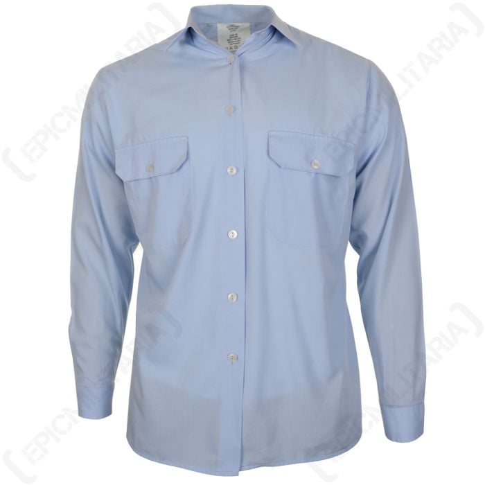 Front view of light blue long-sleeved shirt with button-up front and two chest pockets