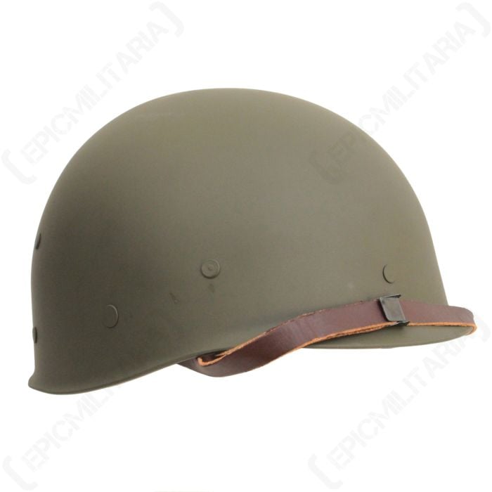 Side view of olive green Repro US M1 Helmet Liner with brown leather chin strap