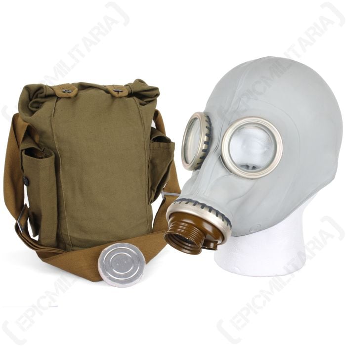A Russian GP5 Gas Mask plus Bag – Grey with its included canvas carrying case.