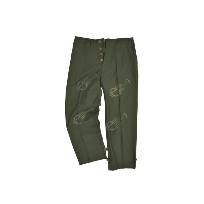 Front of pair of button up, dark green American M43 Trousers