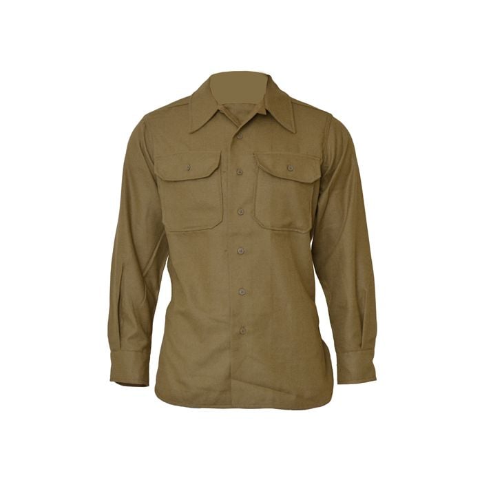 Front view of buttoned-up khaki American M37 Wool Shirt with two front chest pockets