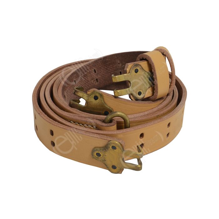 Rolled up light brown leather BAR sling with brass-coloured clips