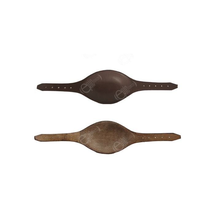 Two Airborne leather chin cups with straps on each side, the top chin strap is dark brown and the bottom chin stap is light brown