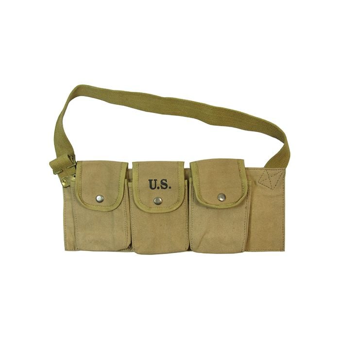 Front view of khaki canvas M1937 BAR Magazine Ammo Belt with 3 pouches each with popper style button closures