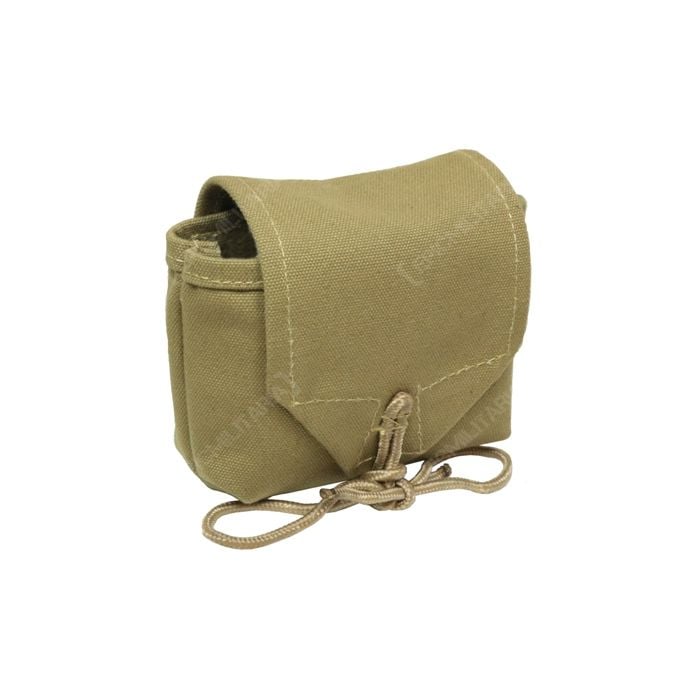 Side view of a khaki canvas US Airborne rigger pouch with a khaki rope tie closure