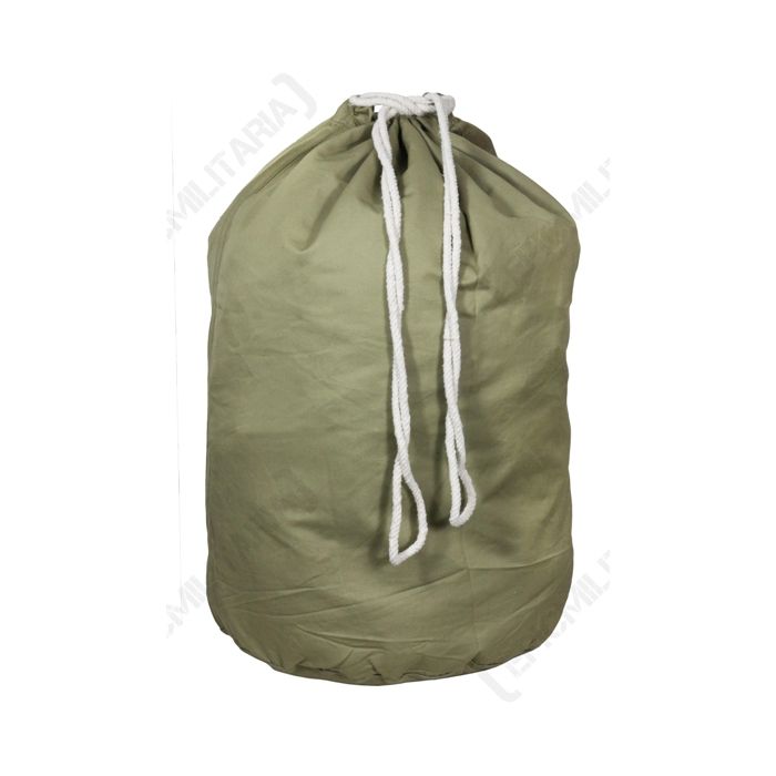Olive green upright US Army Barrack Bag with white drawstring closure