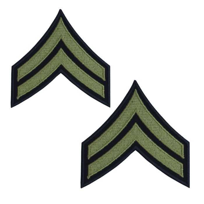 This view shows the rank chevrons of the corporal rank in the US Army
