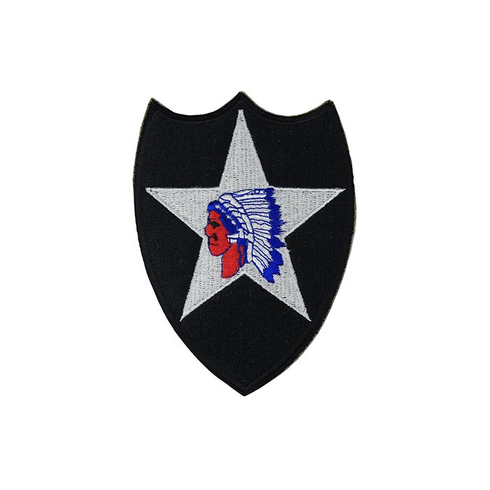 Black shield shaped insignia with white star and Indian head in the middle - 2nd Infantry Division