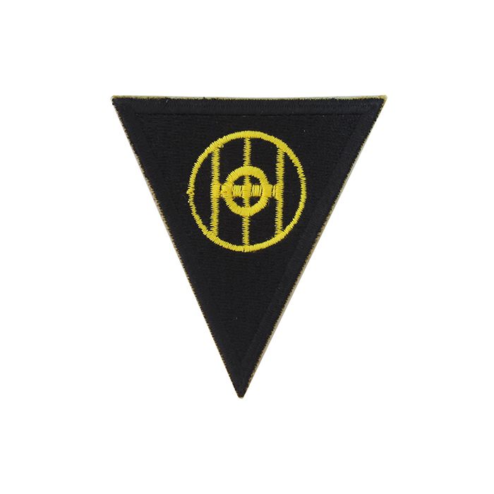 Upside down black triangular embroidered insignia with yellow detail in the middle - US 83rd Infantry Division Patch