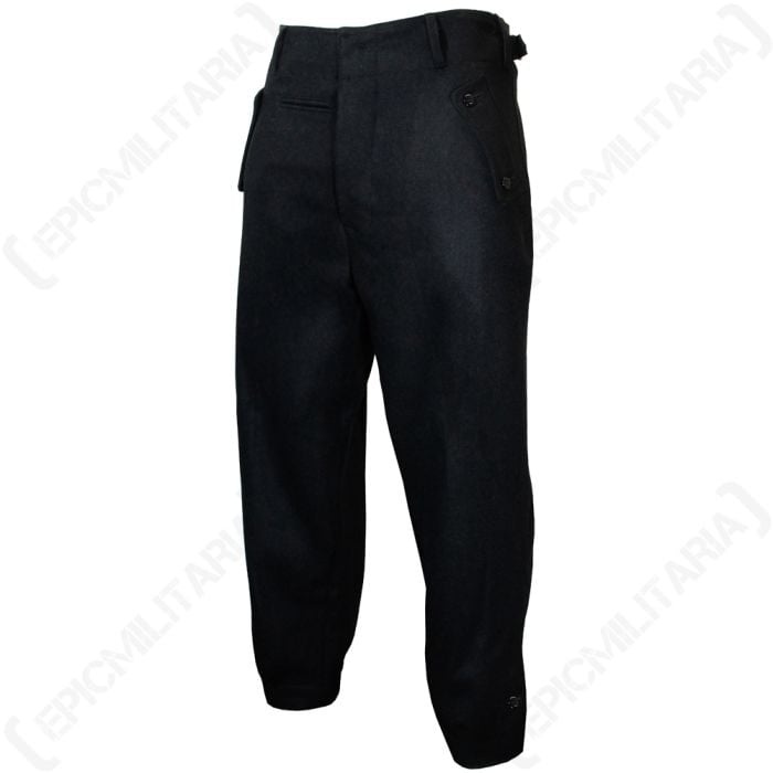 This view shows the front of the WW2 German SS Black Panzer Trousers.