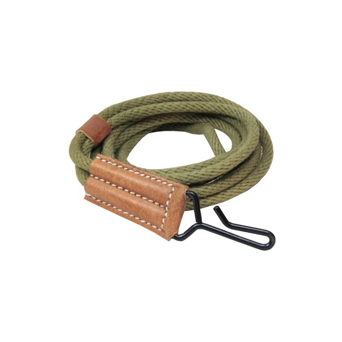 Rolled up olive green US Colt .45 Pistol Lanyard with light brown leather end