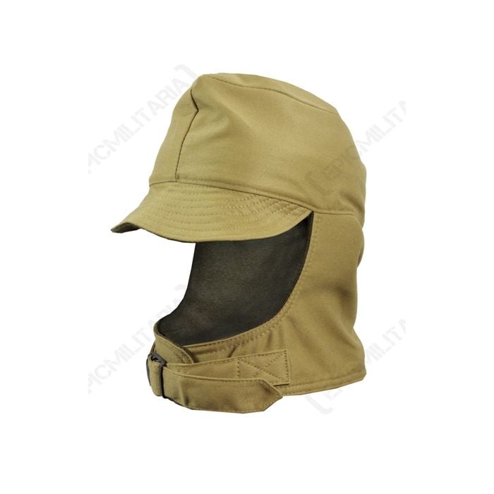 Side view of khaki WW2 US GI Winter Cap with peak and neck covering with buckle