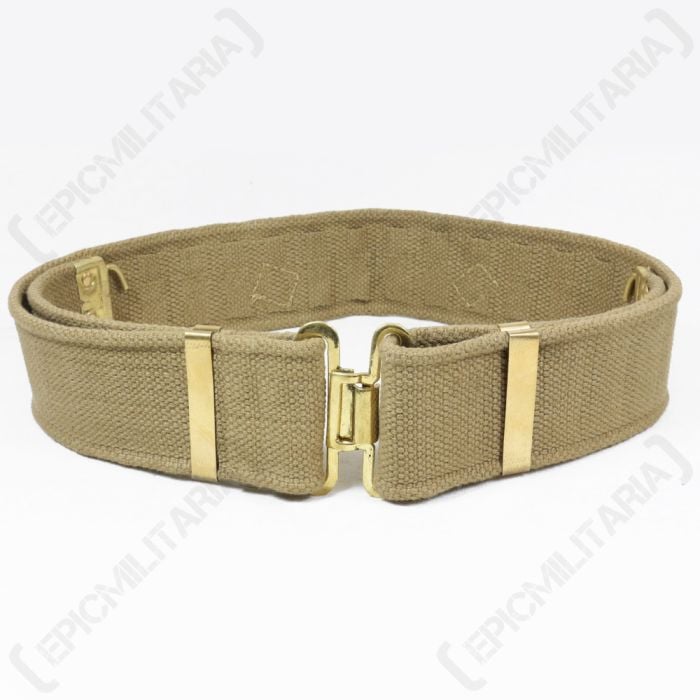 Khaki WW2 British Army 37 Pattern Belt with gold coloured clasp buckle on white background