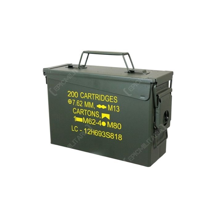 Dark green US rectangular M19A1 .30 Cal Ammo Can with handle and yellow text on the side