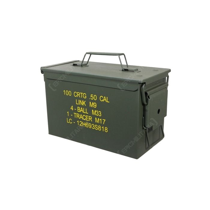 Side view of dark green rectangular US M2A1 .50 Cal Ammo Can with yellow text on the side