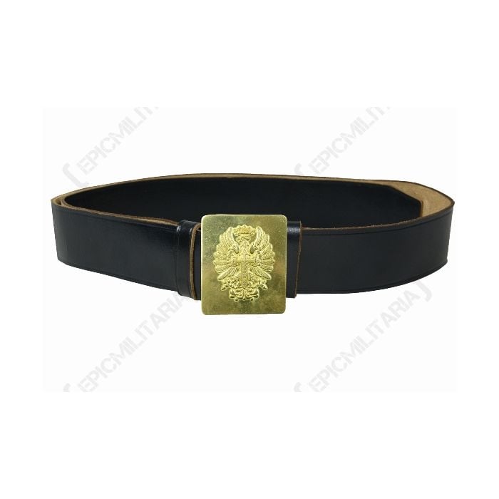 Front of dark brown leather belt with gold belt buckle