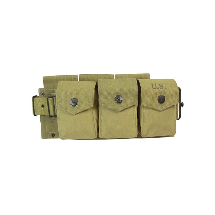 Side view of M1942 BAR Ammo Belt with 6 pouches, each with popper style button closures.