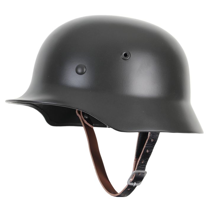 A view of the German reproduction M40 Stahlhelm steel helmet of the front left