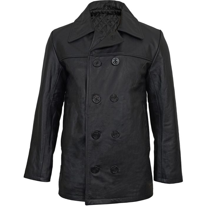 A front view of a Black Leather US Navy Pea Coat